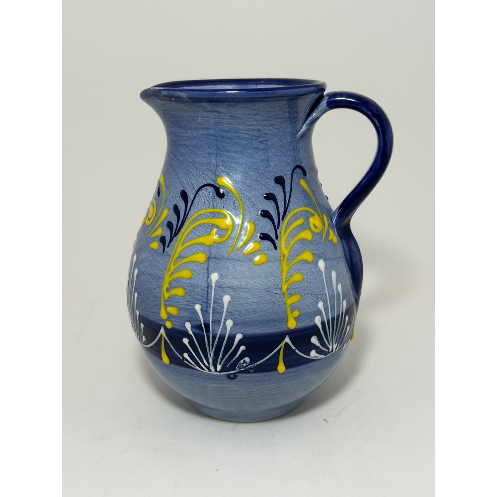 Pedraza Spain Handpainted Blue Ceramic Pitcher Floral Slip Trail Pottery Jug‎
